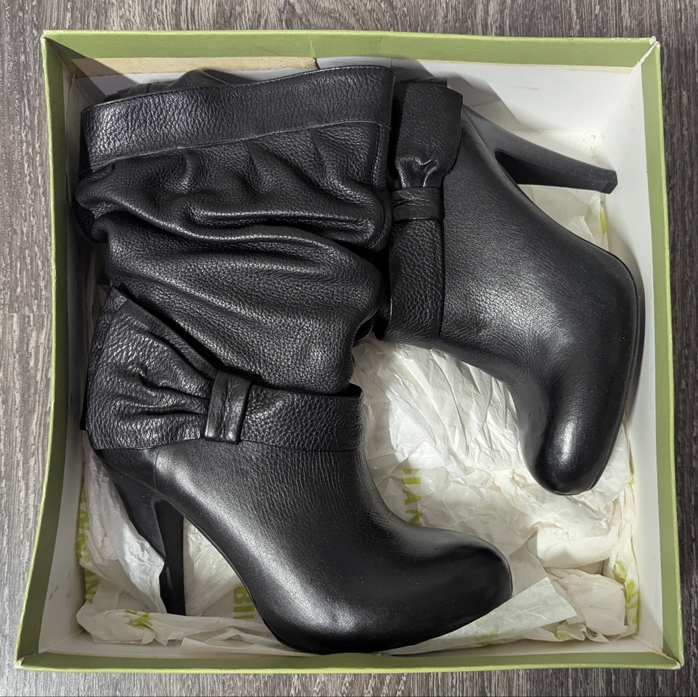 New Gianni Bini Leather Black Heeled Boots with Slouchy Design (No Tags)